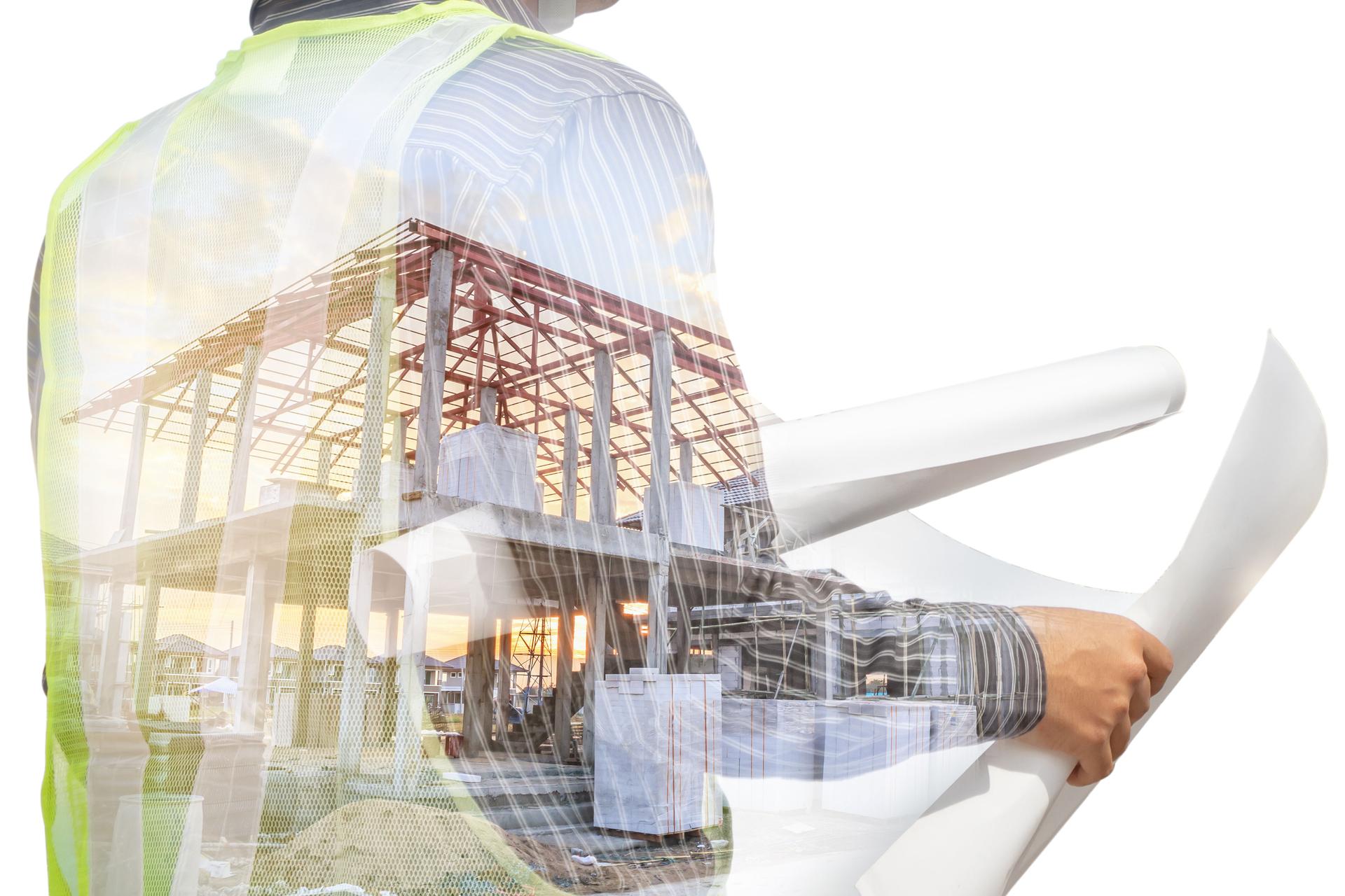Double exposure image of professional engineer in protective helmet and blueprints paper at building construction site