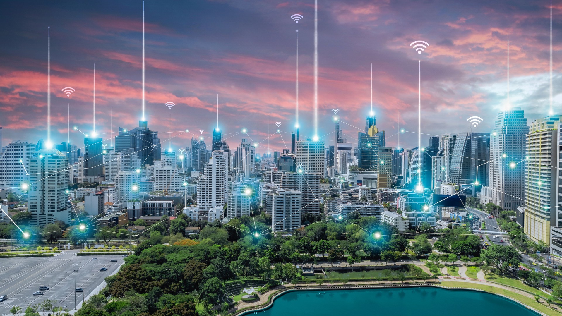 City scape with connecting dots for networking in twilight. Internet globalization concept. Selective focus
