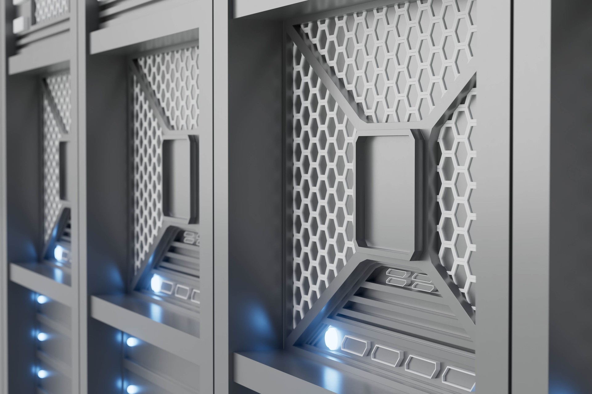 A computer server with a blue light on it